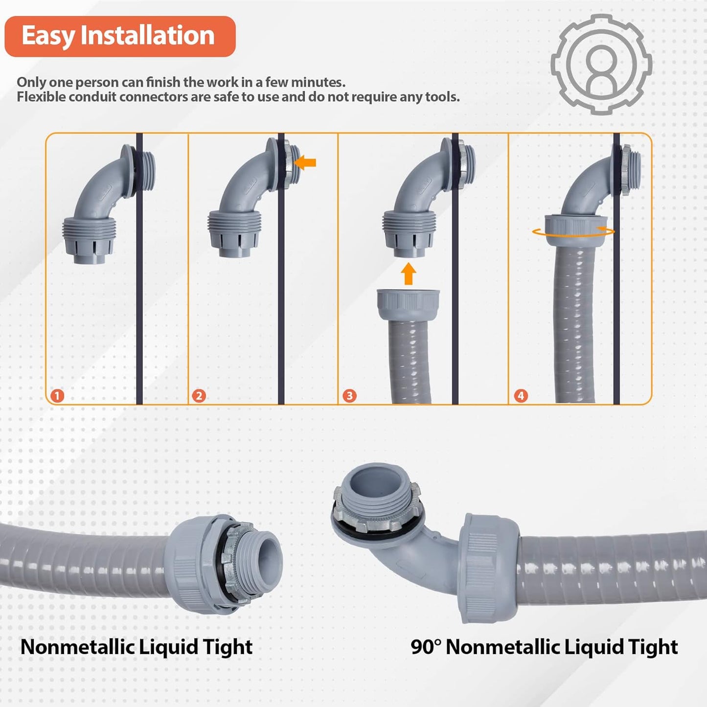 1/2" Liquid-Tight PVC Conduit Kit, 100ft with 10 Connectors, Grey, 5 Straight & 5 90-Degree Fittings, UL Certified, Flexible, Easy Installation, Multi-Application