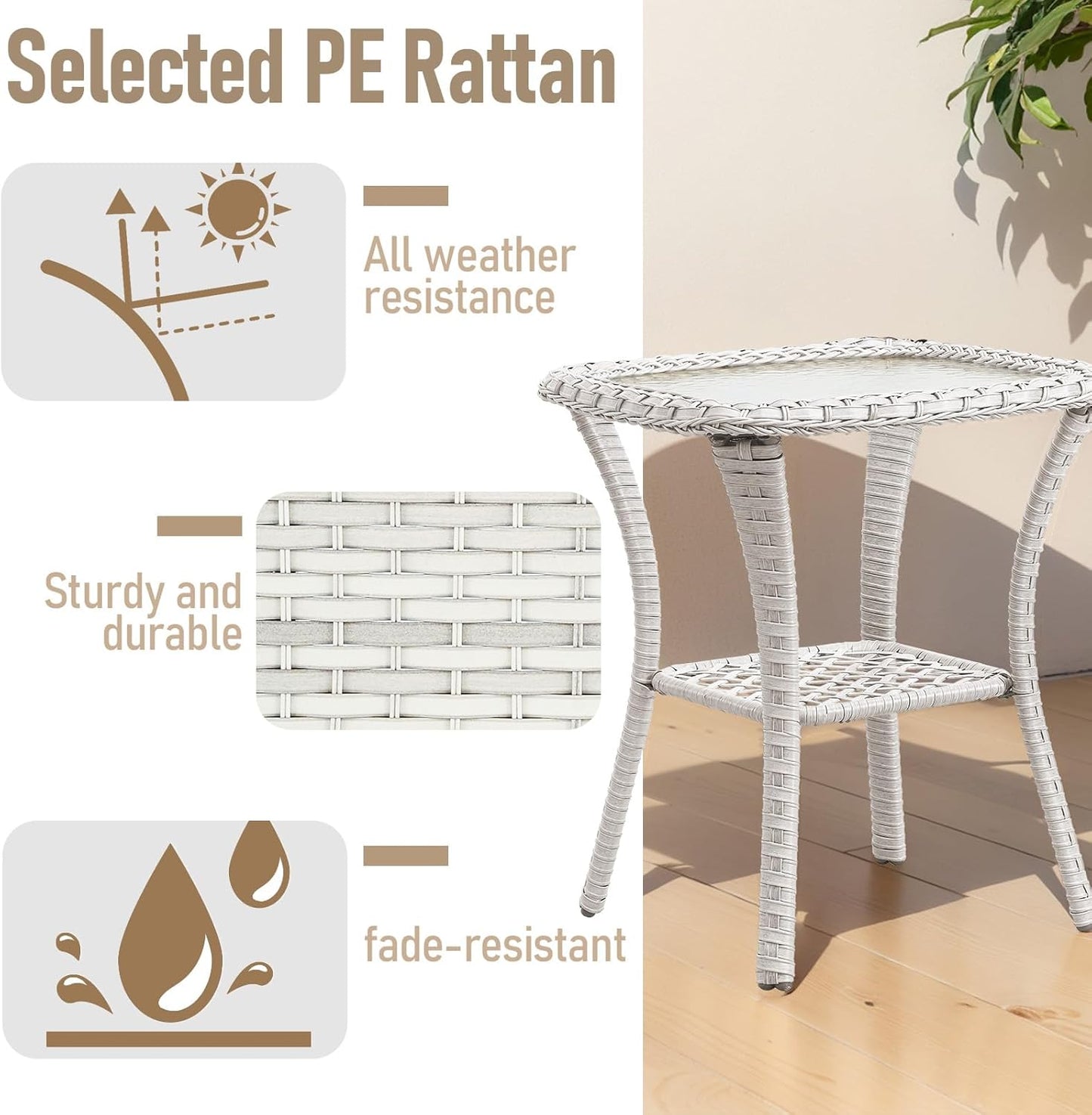 Outdoor Side Tables for Patio, Wicker/Rattan End Tables, Outdoor Wicker Side Table, Light Beige Rattan Glass Top Patio Side Table