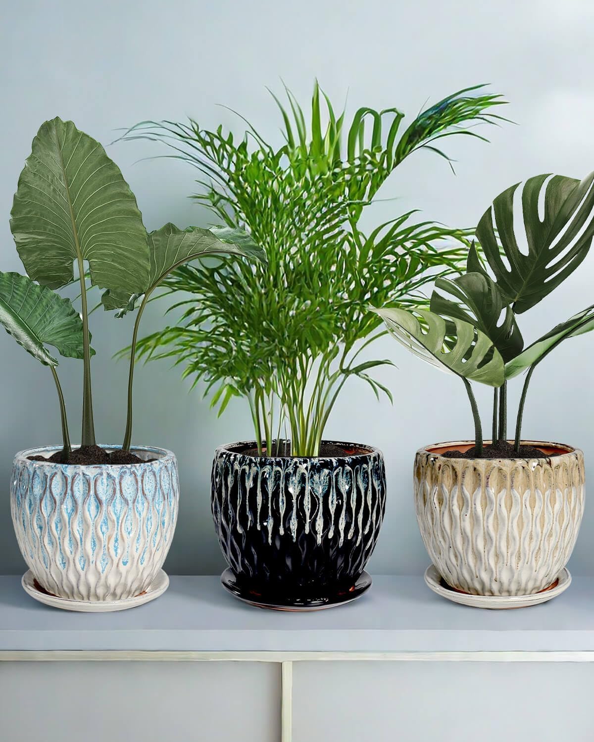 vensovo 7.5 Inch Ceramic Plant Pot with Drainage Holes and Saucer - Large Round Orchid Pot for Indoor Repotting, Ceramic Planter Maintain air Circulation, Black