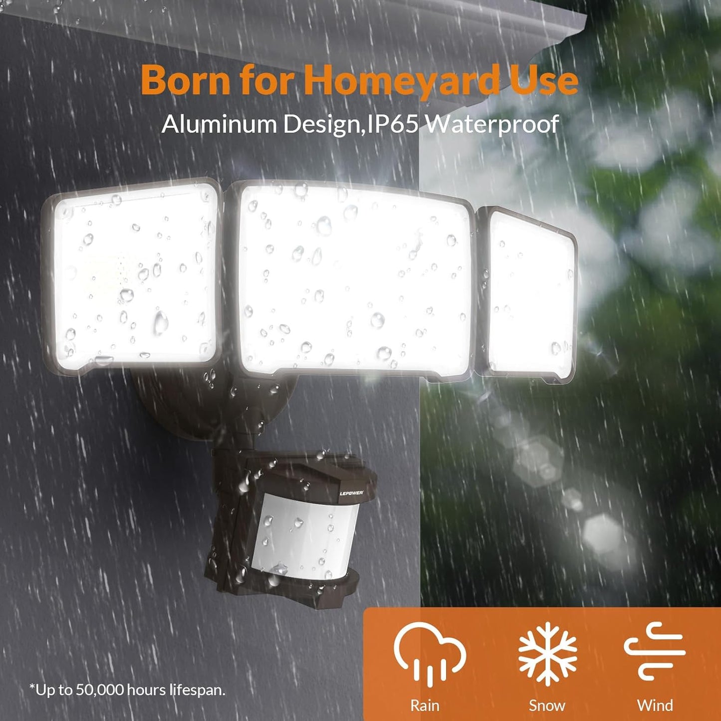 LEPOWER LED Security Light Motion Sensor Light Outdoor, 38W 4200LM Motion Security Light, 5500K, IP65 Waterproof, 3 Head Motion Detected Flood Light for Garage, Yard, Porch (Not Solar Powered, Brown)