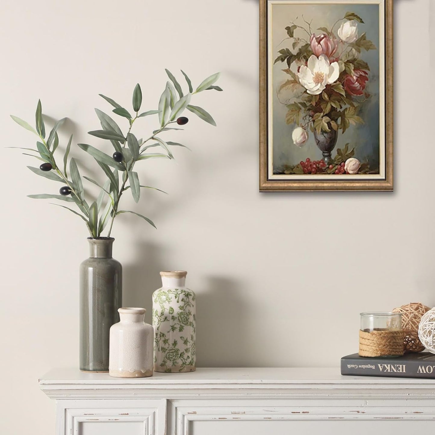 Vintage Vase Set of 3, Ceramic Vintage Flower Vases, Chinoiserie Decorative Home Decor Retro Floral Vase Rustic Farmhouse Decor for Table Bookshelf Mantel Kitchen Living Room Office - Green and Beige