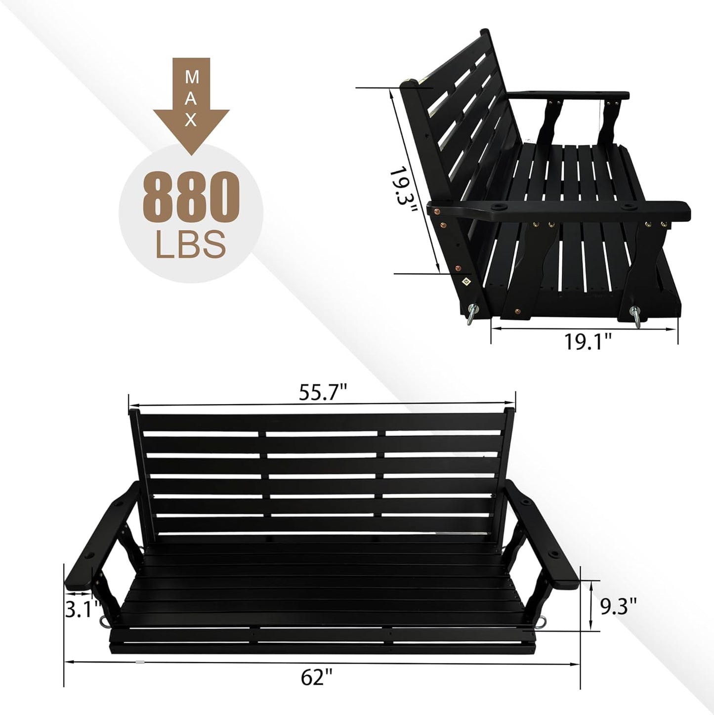 Wooden Porch Swing, Ergonomic Seat, Bench Swing with Hanging Chains and 7mm Springs, Heavy Duty 880 LBS, for Outdoor Patio Garden Yard (Matte Black, 3-Seater Extra Large)