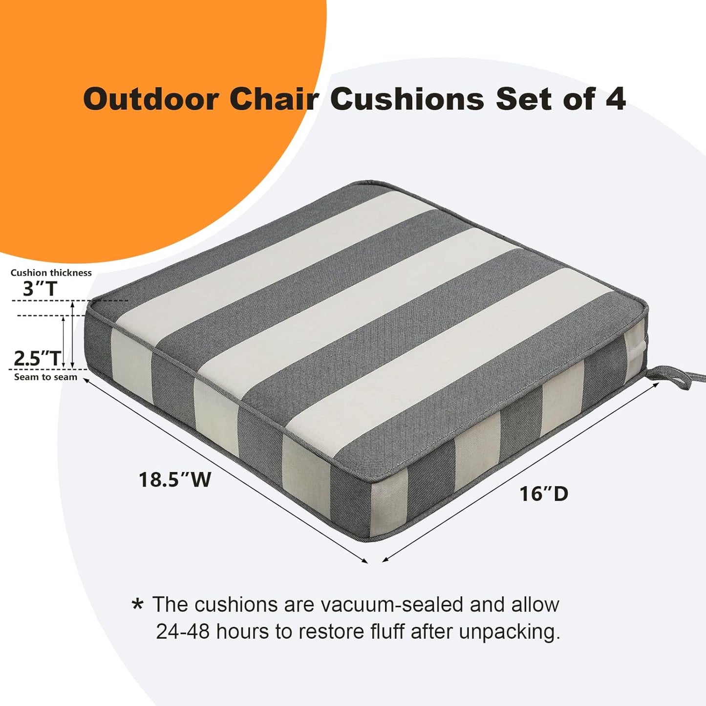 Square Corner Seat Cushions, 18.5" x 16" x 3", Set of 4, Indoor Outdoor Water Repellent Universal Chair Pads with Ties for Patio Furniture, Garden Deck Dining Chairs, Gray Stripe