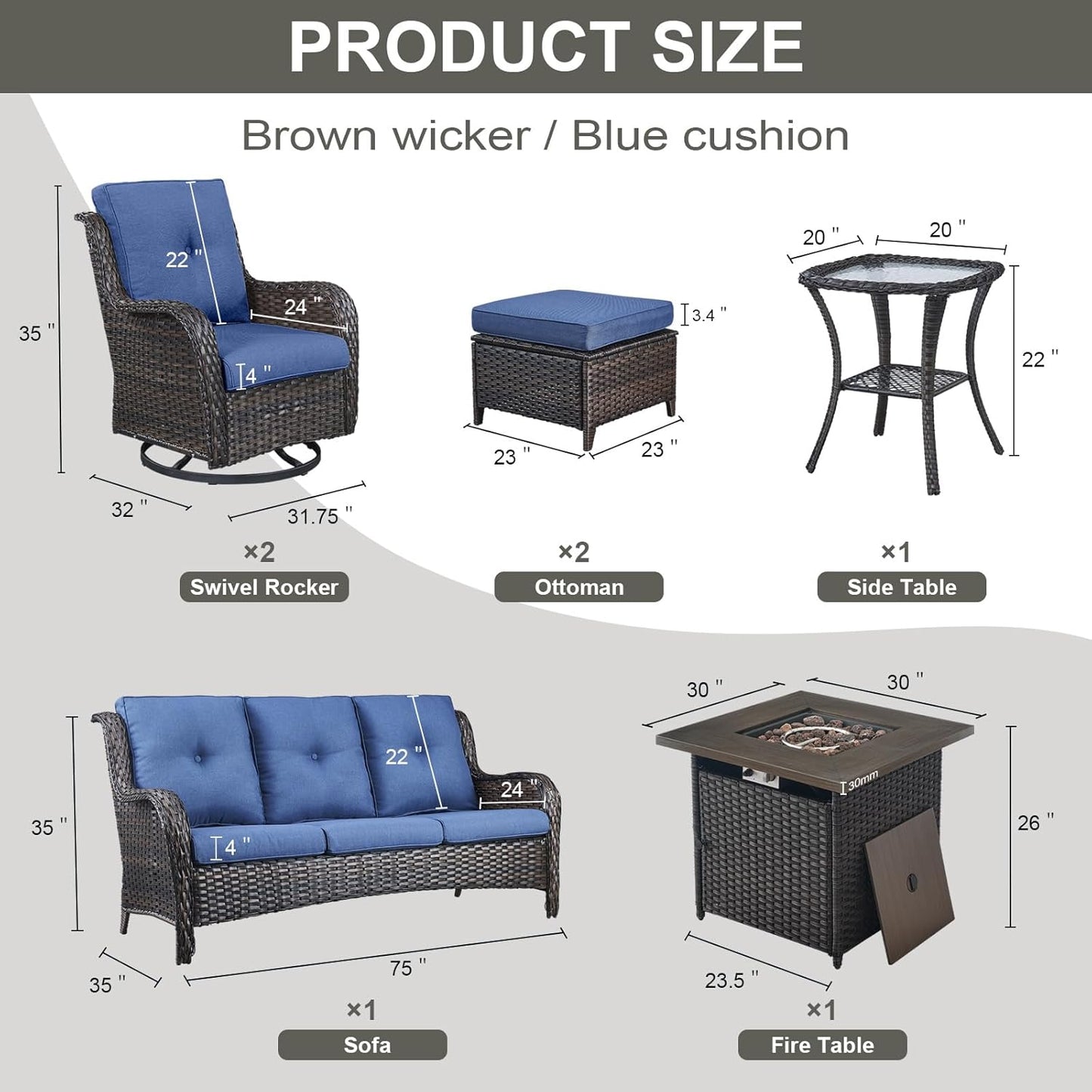 Outdoor Patio Furniture Set with Propane Fire Pit Table, 7 Pieces Wicker Patio Conversation Set with 2 Swivel Glider Rocker Chairs Rattan Sofa Blue Cushion Perfect for Casual Gathering