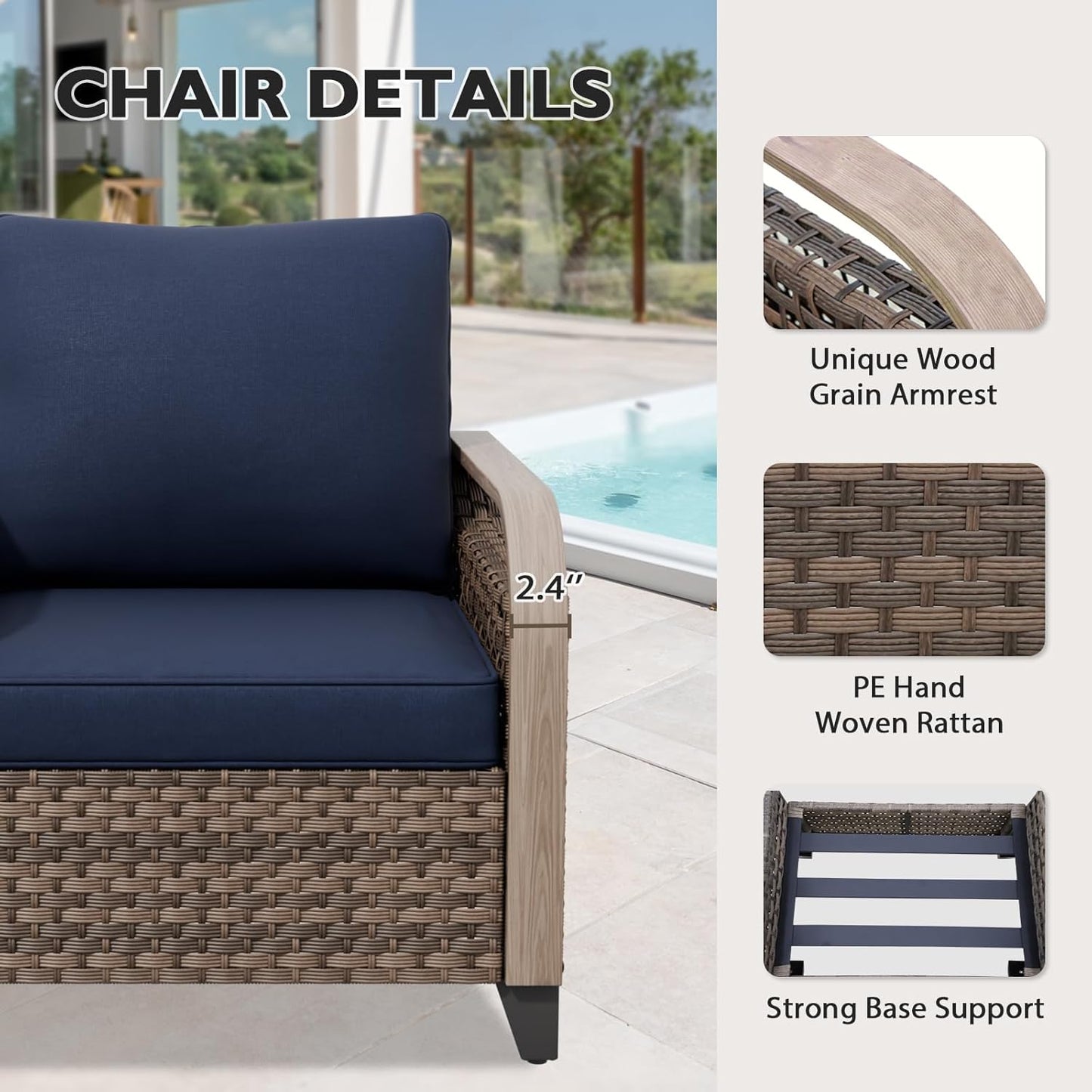 EAGLE PEAK Modern Wicker Outdoor Chair, Patio Chair Curved Armrest, Rattan Patio Furniture for Yard Deck Porch Garden, 1 Chair, Brown/Blue