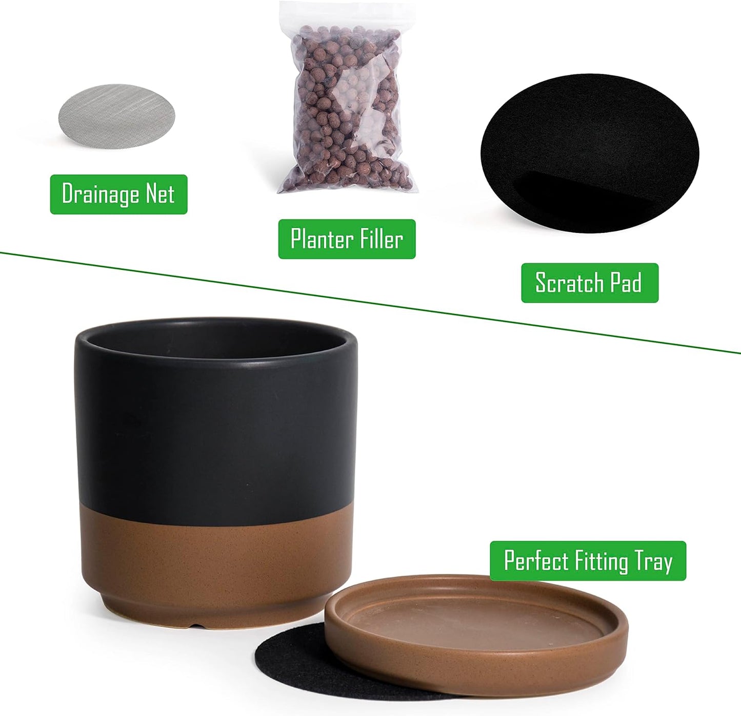 D'vine Dev Set of 2 Plants Pots, 6 Inch Ceramic Planter Pot for Plants with Drainage Hole and Saucer, Black/Speckled Tan, 94-V-C-7