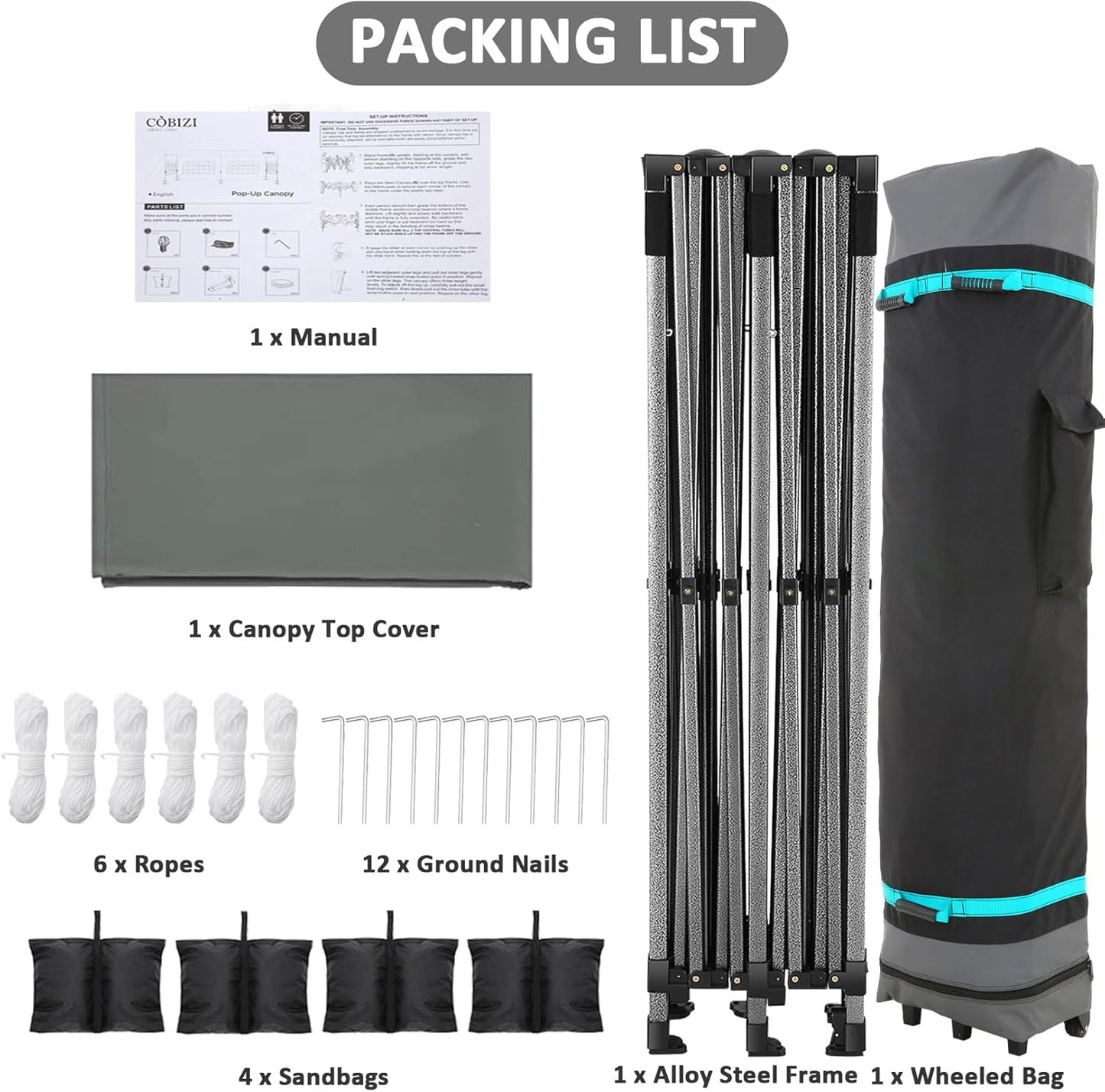 COBIZI 10x20 Pop Up Canopy Without Sidewall,Heavy Duty Canopy UPF 50+ All Season Wind Waterproof Commercial Outdoor Wedding Party Tents for Parties Gazebo with Roller Bag(10 x 20 ft Gray)