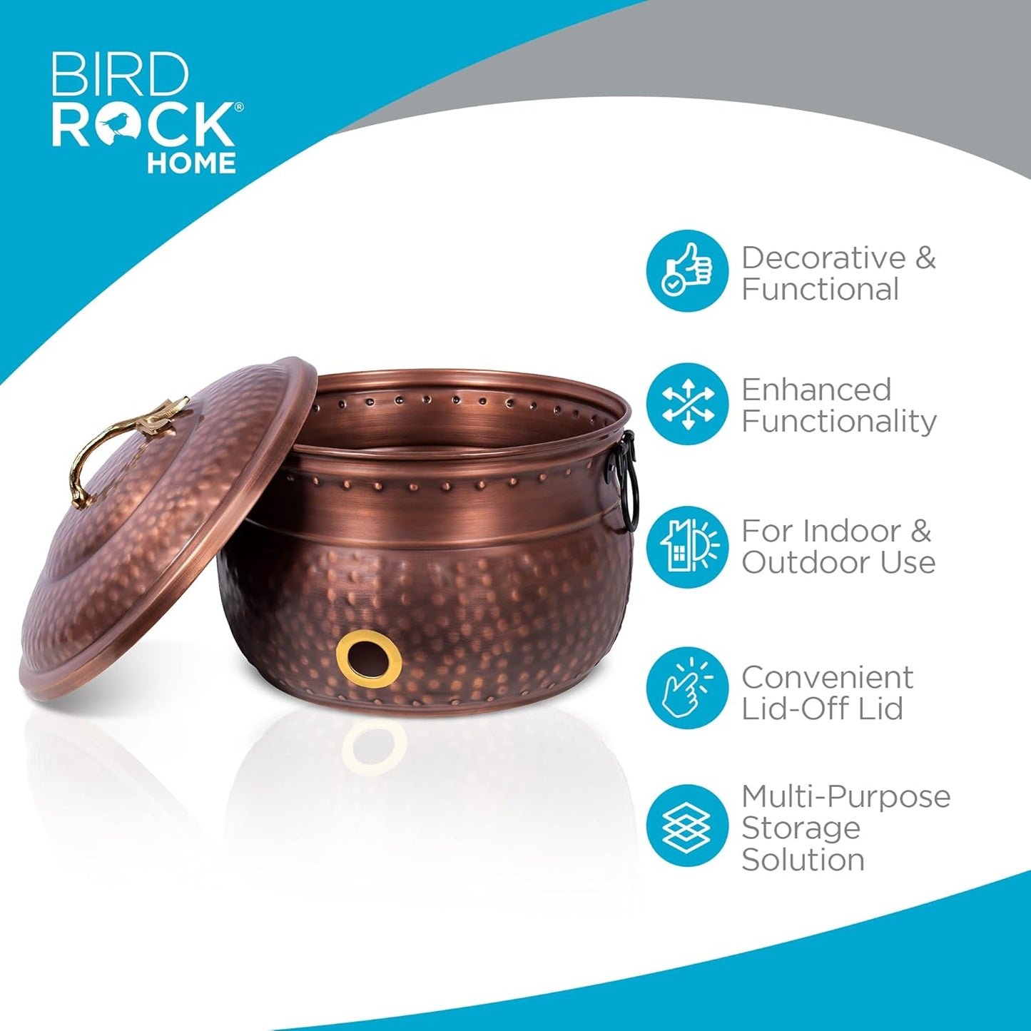 BirdRock Home Water Hose Holder with Lid | Ground Garden Hose Pot | Decorative | Handle | Embossed | Steel Metal with Copper Accents | Outdoor or Indoor Use