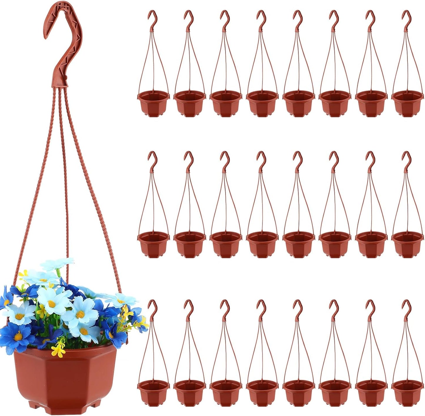 Roshtia 24 Pcs Hanging Plastic Planter Pot with Hook Flower Pots Baskets Hanging Nursery Planter Holder for Outdoor Indoor Plant Garden(Brown,5 Inch)