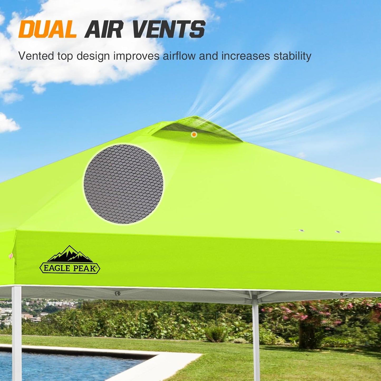 EAGLE PEAK Pop Up Canopy Tent with Wheeled Carry Bag, 8 Stakes, 4 Ropes, 4 Weight Bags, Easy Set Up Tent Canopy, 10x10 ft, 100sqft of Shade, Neon Green