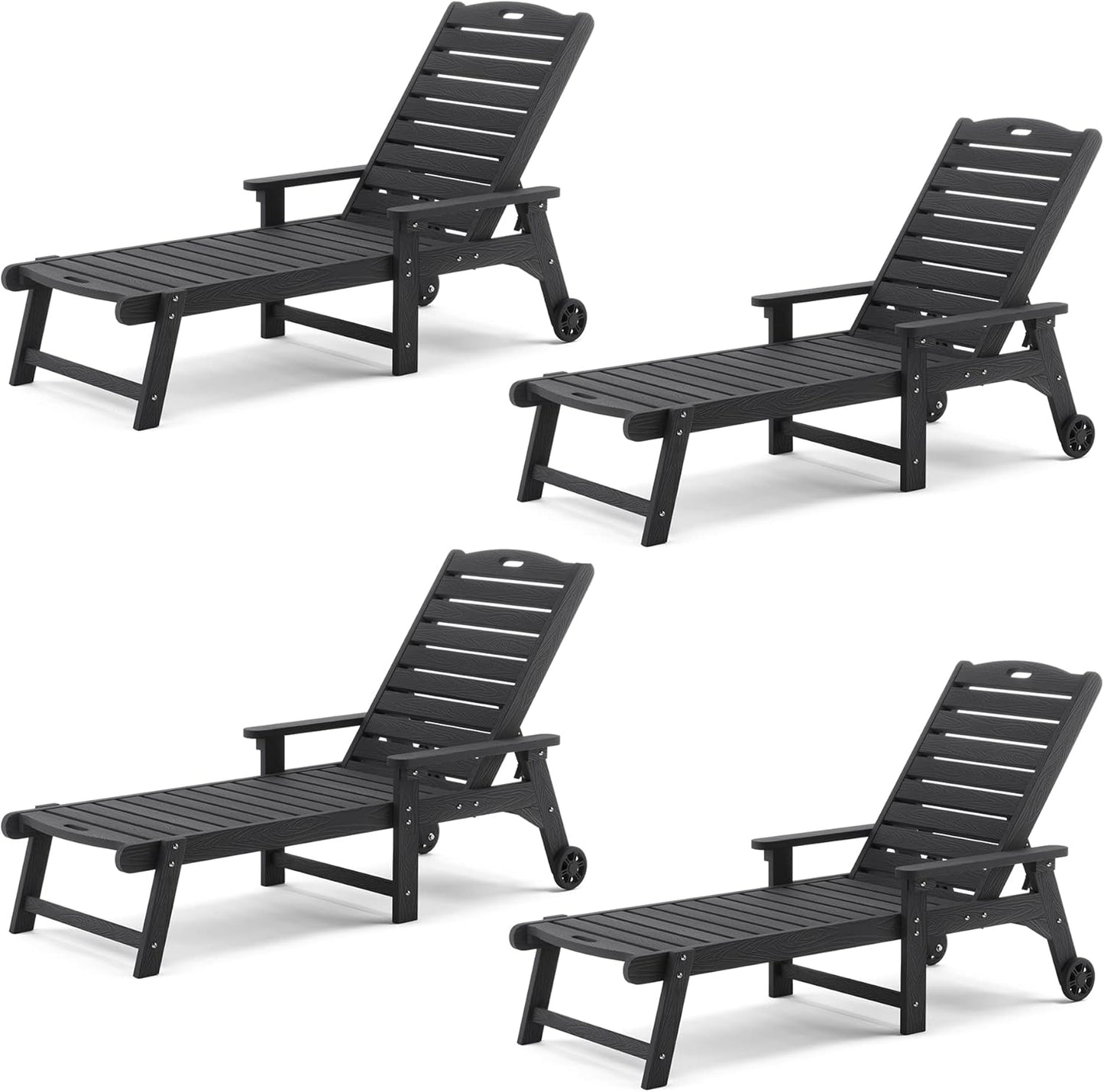 LUE BONA Outdoor Chaise Lounge Chairs Set of 4, 79'' Oversized HDPS Chaise Lounger, 5 Positions Adjustable Lounge Chairs, Pool Lounge Chair with Wheels for Poolside, 3 Year Warranty, Black