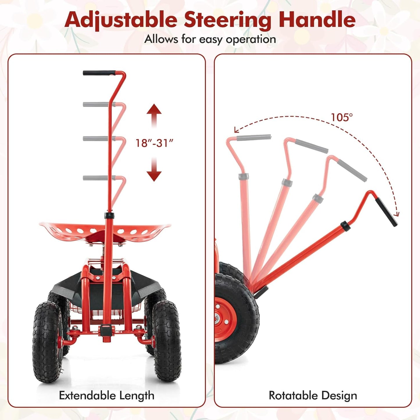 Goplus Rolling Garden Seat with Wheels, Outdoor Gardening Scooter with 360° Swivel Seat, Tool Tray & Basket, Adjustable Steering Handle for Lawn, Gardening Stool, Garden Cart for Planting