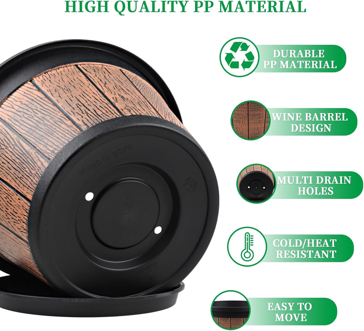 Quarut Large 4 Pack 16 inch Plant Pots,Whiskey Barrel Planters with Drainage Holes & Saucer,Plastic Decoration Flower Pots Retro Design,Planters for Outdoor Indoor Garden Balcony Plants (Brown)