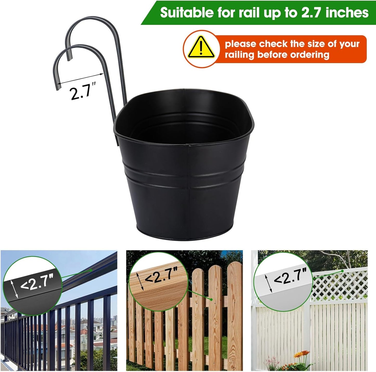OGIMA Railing Planter Box, 3 Pack 16" Large Hanging Planters for Outdoor Plants with Adjustable Wide Hooks for 2.7'' Railings, Balcony Planters Railing Hanging for Deck, Fence & Patio Decor