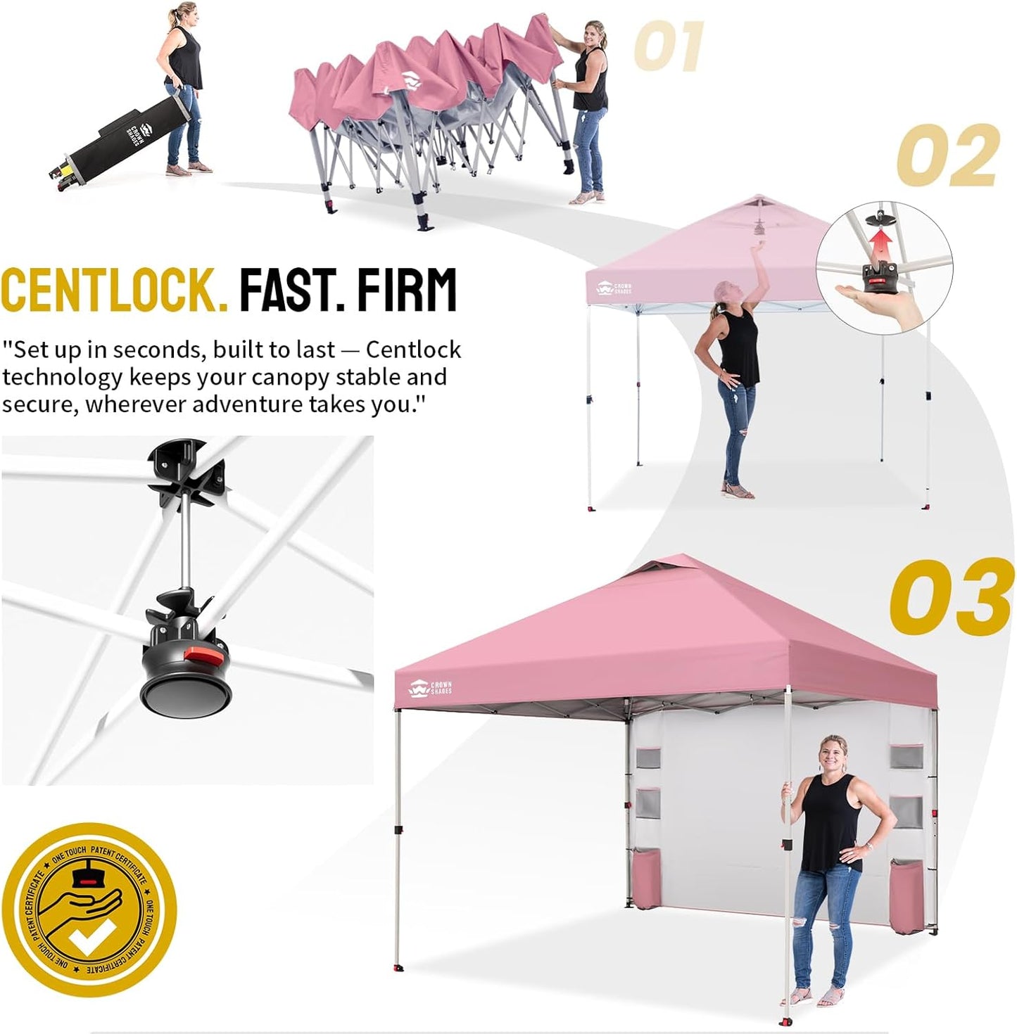 CROWN SHADES Canopy Tent, 10 x 10 Foot Portable Pop Up Outdoor Shelter with Pocket Sidewall, Push Center Lock, UV Protection, and Carry Bag, Pink