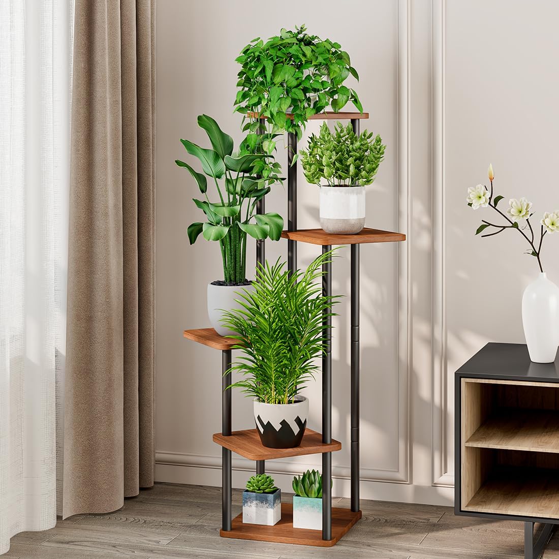 AZERPIAN Plant Stand 5 Tier Indoor Metal Flower Shelf for Multiple Plants Corner Tall Flower Holders for Patio Garden Living Room Balcony Bedroom, Walnut (5 Tier-Walnut)