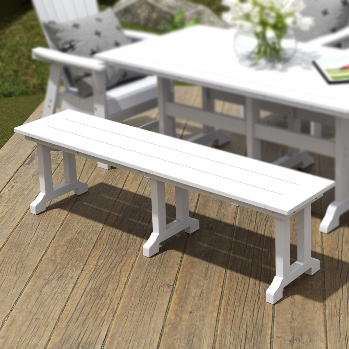 WestinTrends Malibu 65" Outdoor Dining Bench, All Weather Resistant Poly Lumber Patio Garden Bench Trestle Long Bench for Both Outdoor and Indoor, White