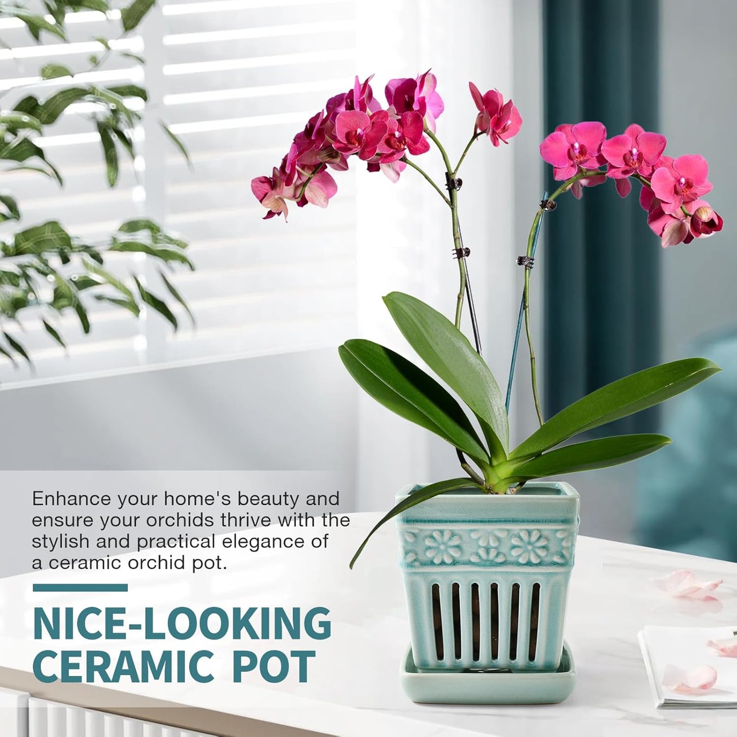 Orchid Pots with Holes | 5" Ceramic Orchid Planter with Separate Saucer and Drainage Holes | Crackle Glazed Pottery Small Flower Pot for Repotting Orchids（Blue）