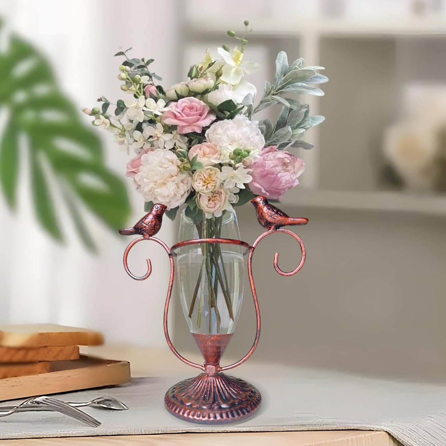 POXOH Vintage Glass Planter - Metal & Glass Propagation Vase with Dual Birds Art, Retro Indoor Planter for Hydroponic Plants, Office Desk Decor, Living Room Centerpiece