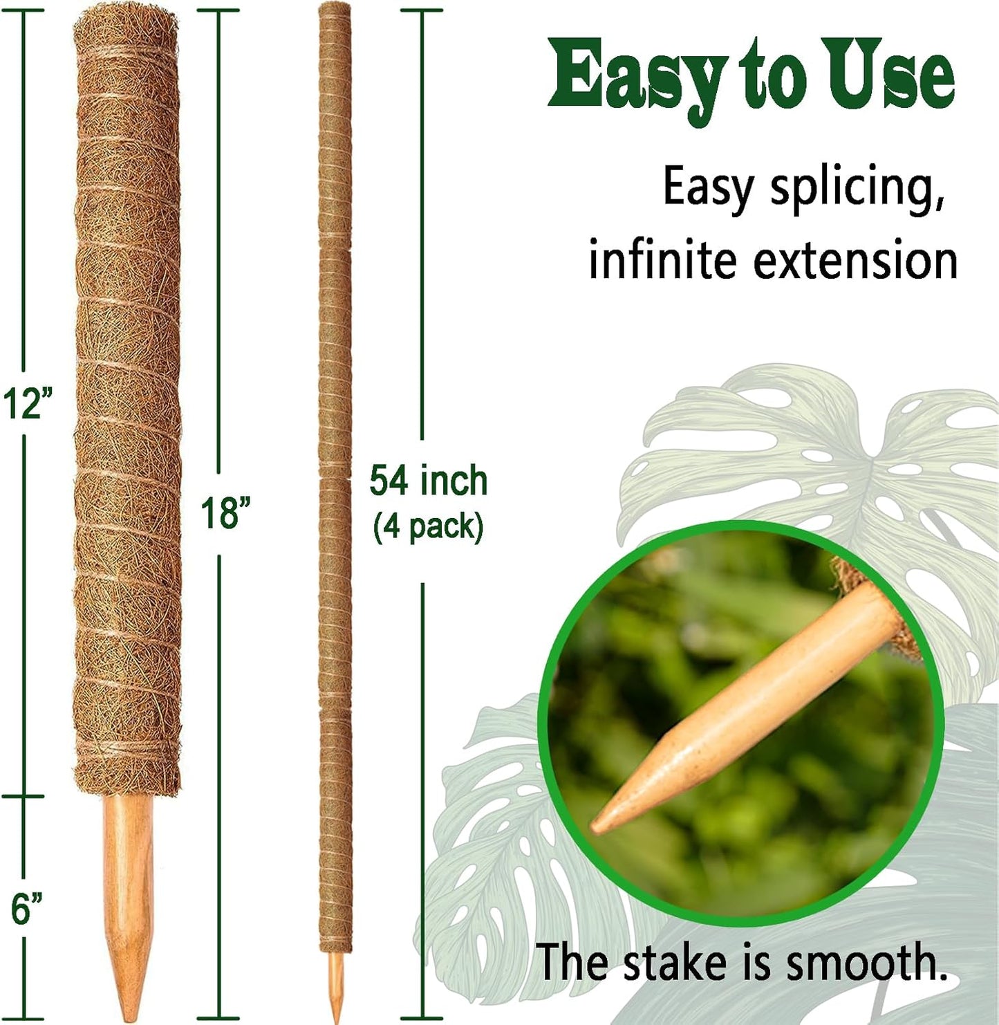 4 Pack 18 Inch Moss Pole, Stackable Moss Poles for Climbing Plants Monstera, Tall Plant Sticks Accessories, Large Coir Plant Support Stakes for Potted Plants Indoor, Pothos, Philodendron