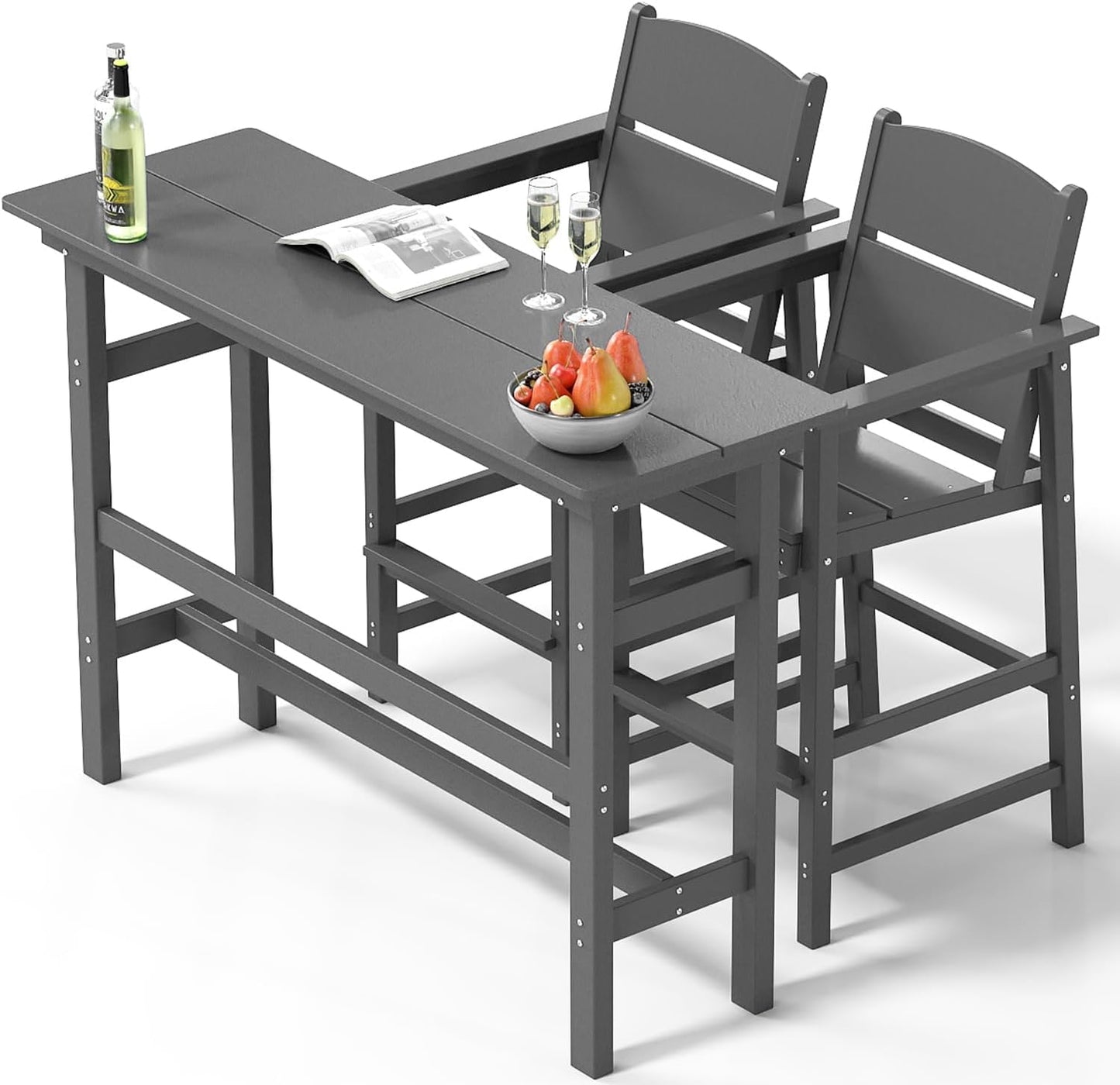 Bar Height Patio Table and Chairs Set, 3-Piece HDPE Outdoor Adirondack Bar Chairs and Patio Table, All-Weather Patio Furniture for Poolside, Backyard, Garden, High Top Patio Bar Set, Grey