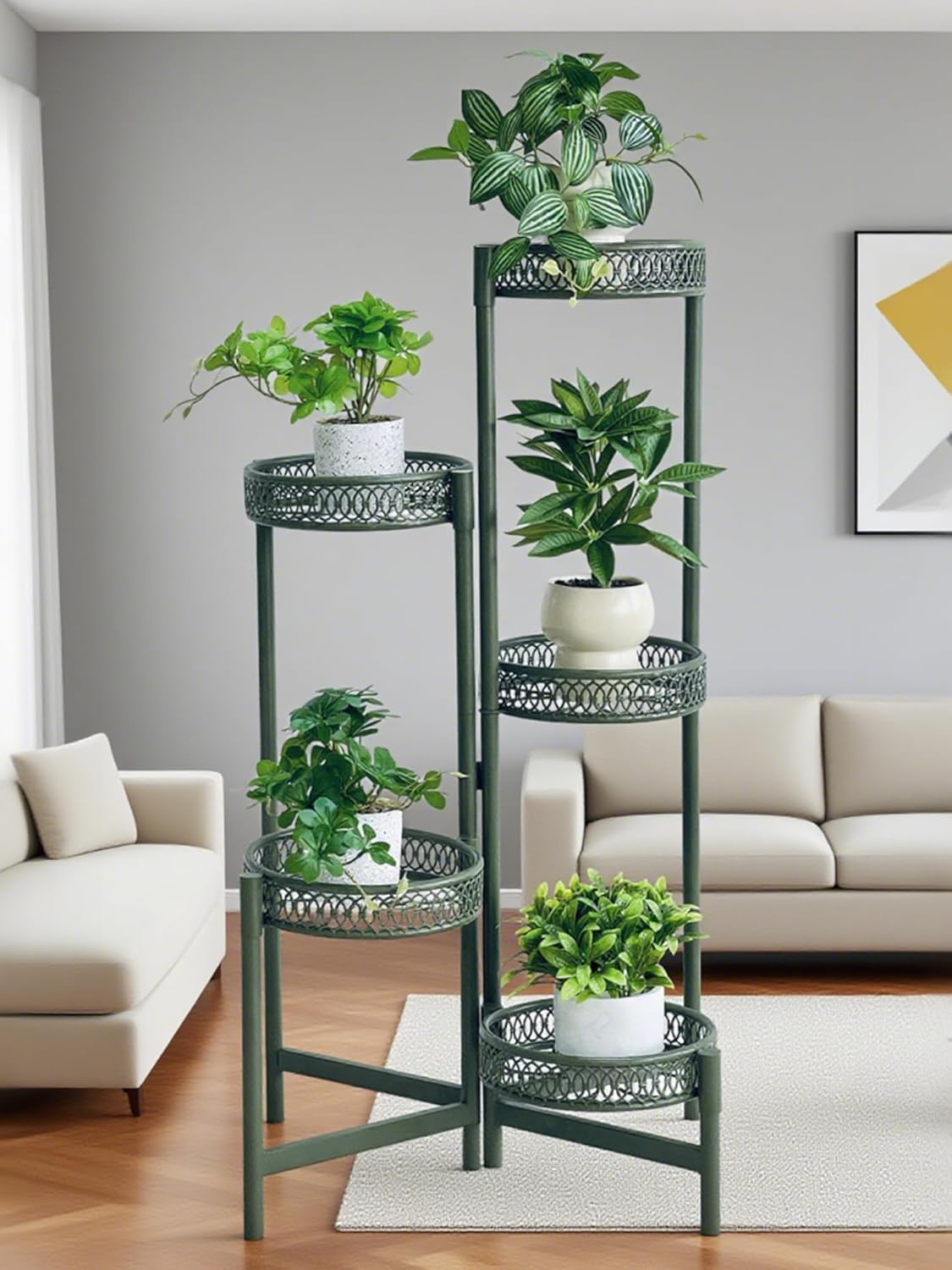 5-Tier Metal Plant Stand Indoor Outdoor, Corner Tall Plant Shelf for Multiple Plants, Foldable Plant Stand, Heavy Duty Flower Stand Holder for House Living Room Balcony Garden Patio -GreenFlower