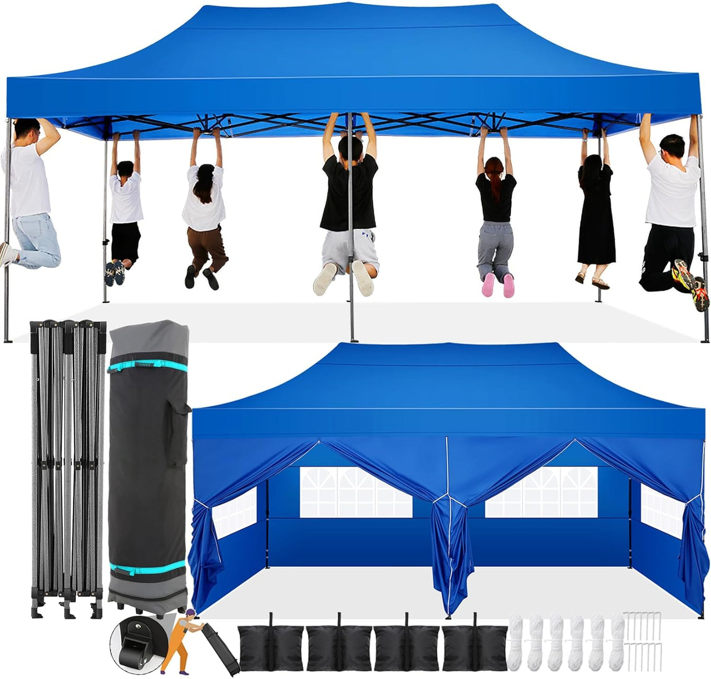 COBIZI 10x20 Pop Up Canopy with 6 Sidewall,Heavy Duty Canopy UPF 50+ All Season Wind Waterproof Commercial Outdoor Wedding Party Tents for Parties Gazebo with Roller Bag(10 x 20 ft Blue)