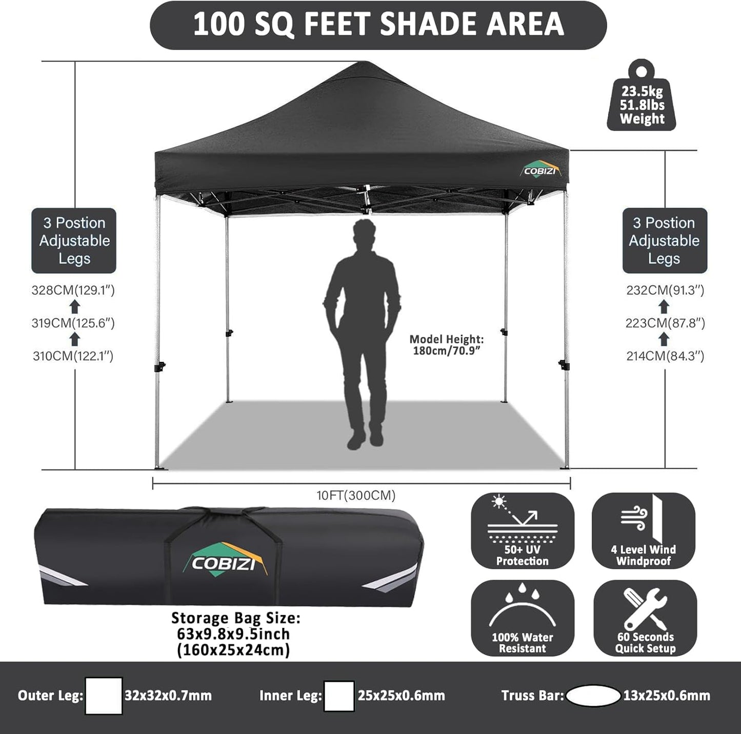 COBIZI 10x10 Pop Up Canopy Without Sidewall,Heavy Duty Canopy UPF 50+ All Season Wind Waterproof Commercial Outdoor Wedding Party Tents for Parties Canopy Gazebo with Carry Bag(10 x 10 ft Black)