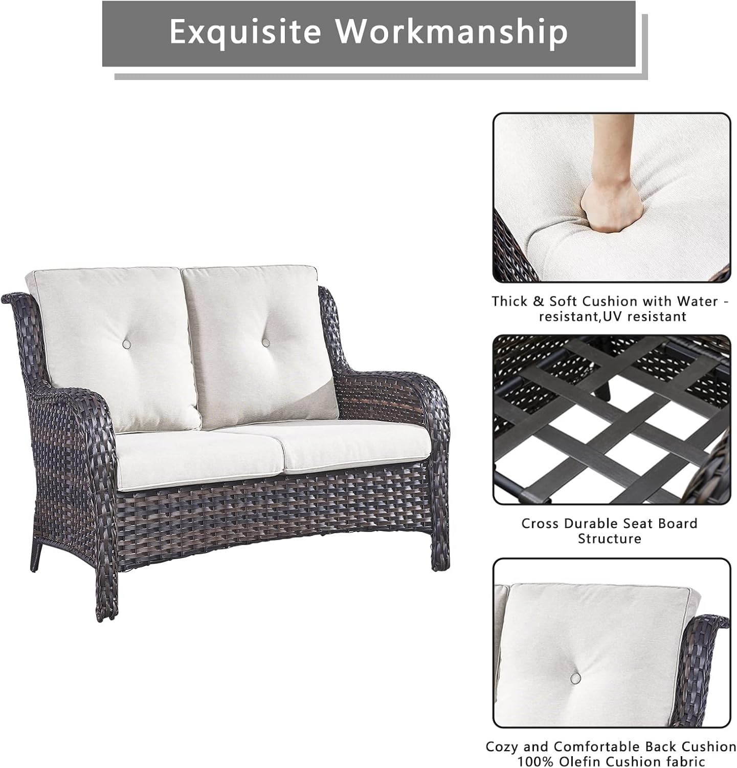 Outdoor Wicker Patio Furniture Set - 6 Piece Rattan Patio Conversation Set with 2 Rocking Swivel Chairs,2 Ottomans,1 Loveseat and 1 Side Table for Porch Deck Backyard Garden(Brown/Beige)