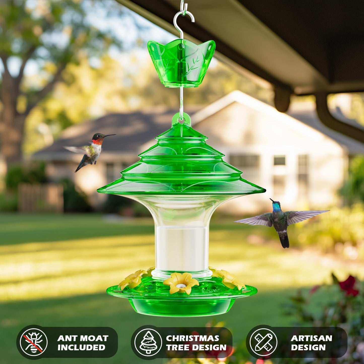 Birdream Hummingbird Feeder for Outdoors Hanging, 20oz Hummingbird Feeders with 5 Bee Guard Feeding Ports & Built-in Ant Moat Brush Leak-Proof for Outside Gifts for Women - Green