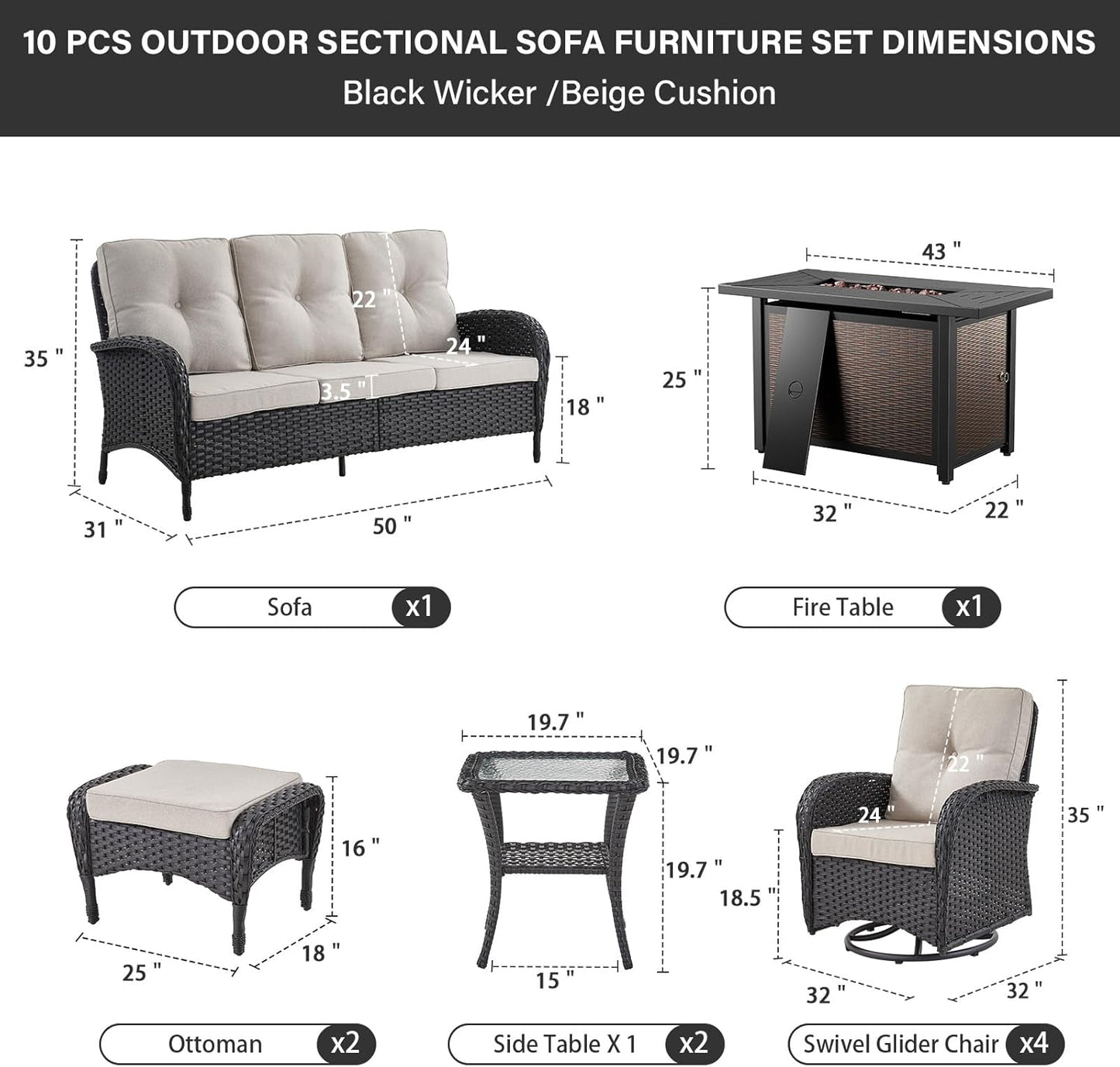 Expansive 10 Pieces Outdoor Patio Furniture Set with 43” Propane Fire Pit Table, Patio Conversation Set with Swivel Rocker Outdoor Chairs Set of 4 and Sofa, Ottoman and Wicker Side Table Black