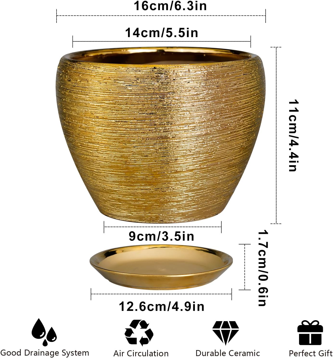 Indoor Plant Pot 6 Inch - Ceramic Pot for Plants Outdoor Planter with Drainage Hole and Saucer Round Decorative Planter Modern Flower Pot for Home Decor Gold