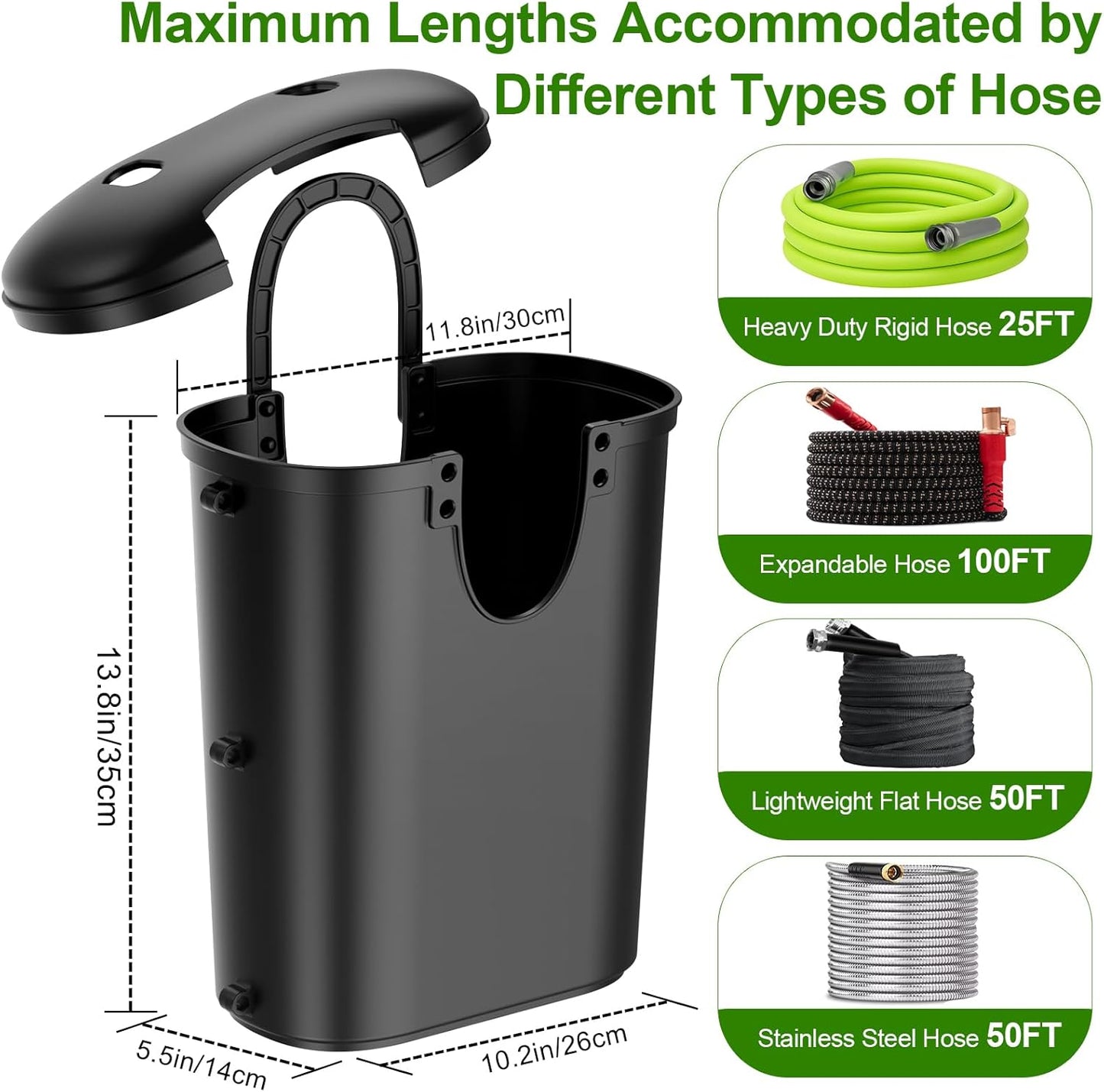 Riokko Garden Hose Holder Bucket, Hose Storage, Water Hose Storage for Outside, Hose Box Fits 25FT Heavy Duty/100FT Expandable/50FT Flat/50FT Stainless Steel Hoses, Hanging Handle & Drain Hole Design