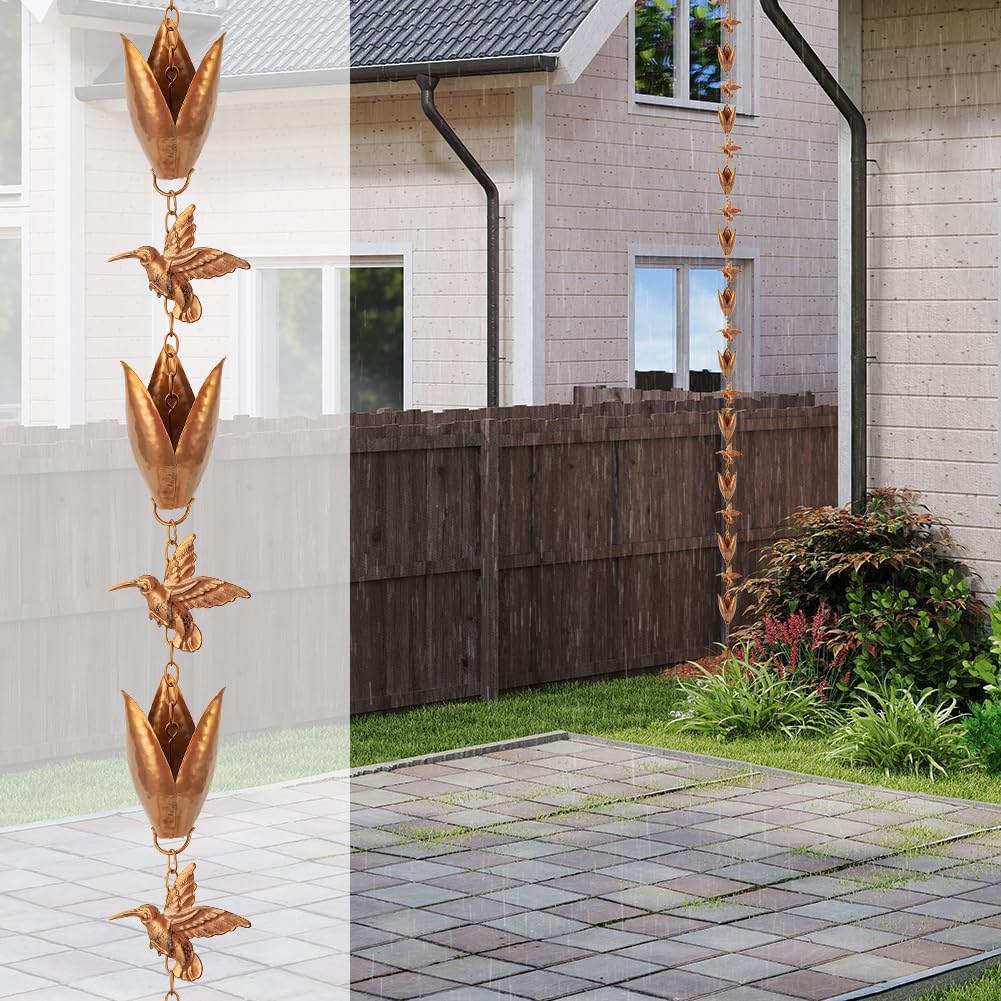 Rain Chains for Gutters, 8.5 Ft Rain Water Chain with 10 Tulip Cups & Detachable Hummingbird Decor, Adjustable Gold Rain Catcher Chain, Replacement for Downspout