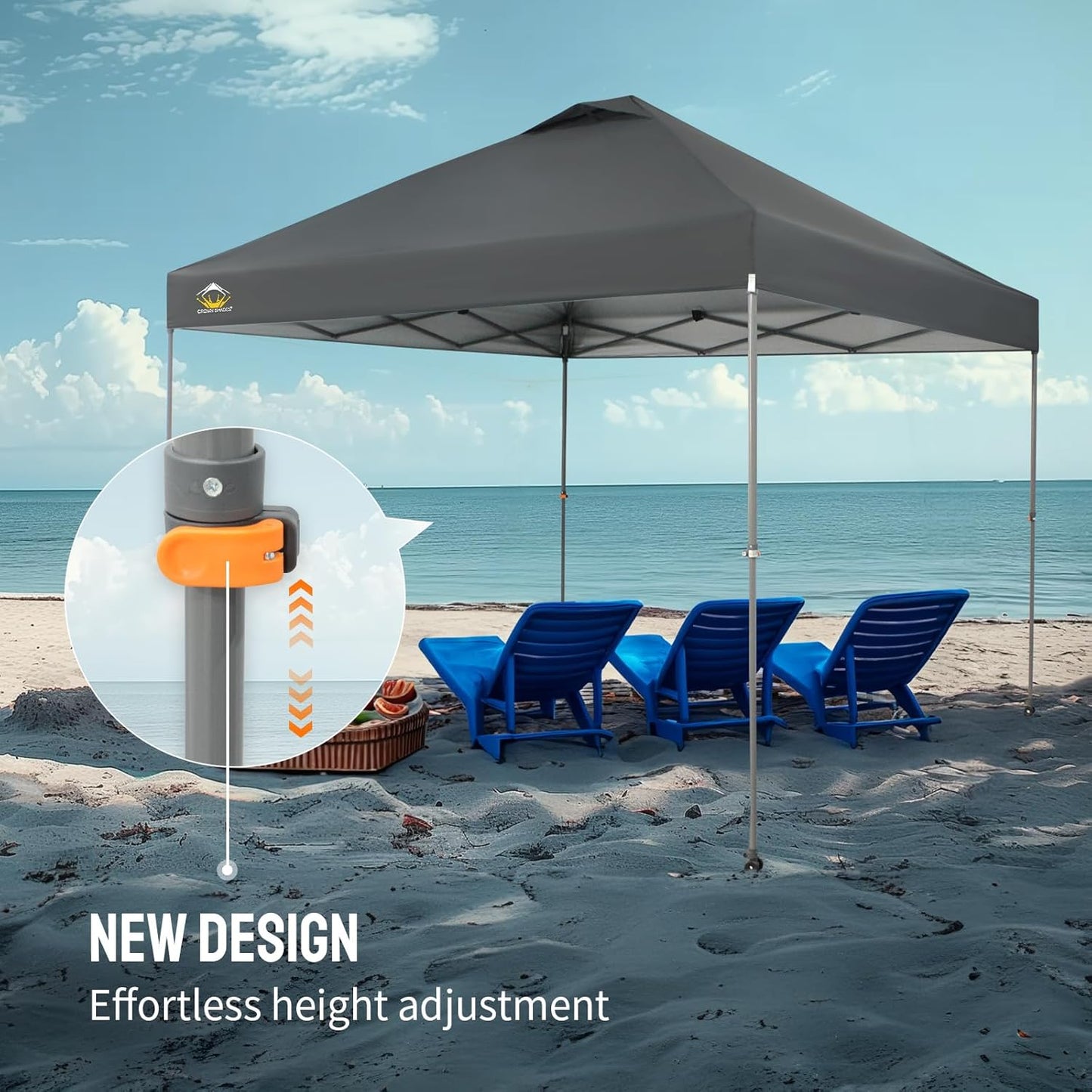 CROWN SHADES Adjustable Height on The Fly, 10x10 Pop Up Canopy - Beach Tent with One Push Setup - Easy Outdoor Sun Shade for Events, Parties, Camping - Outside Shade with STO-N-Go Bag, Grey