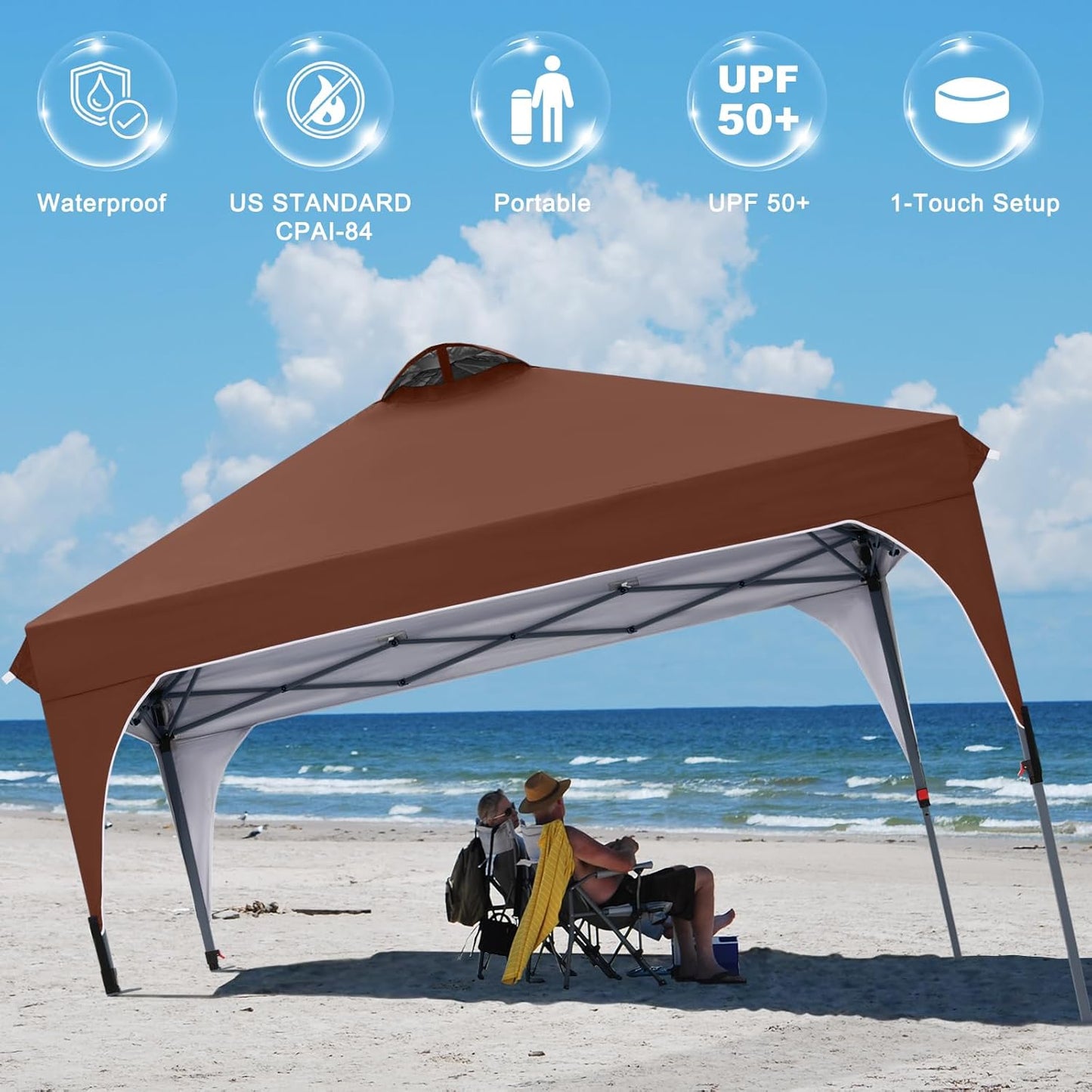 COOSHADE Pop Up Canopy Tent, 10x10 Easy Setup Instant Canopy Sun Shelter Beach Tent, Portable Sports, Brown