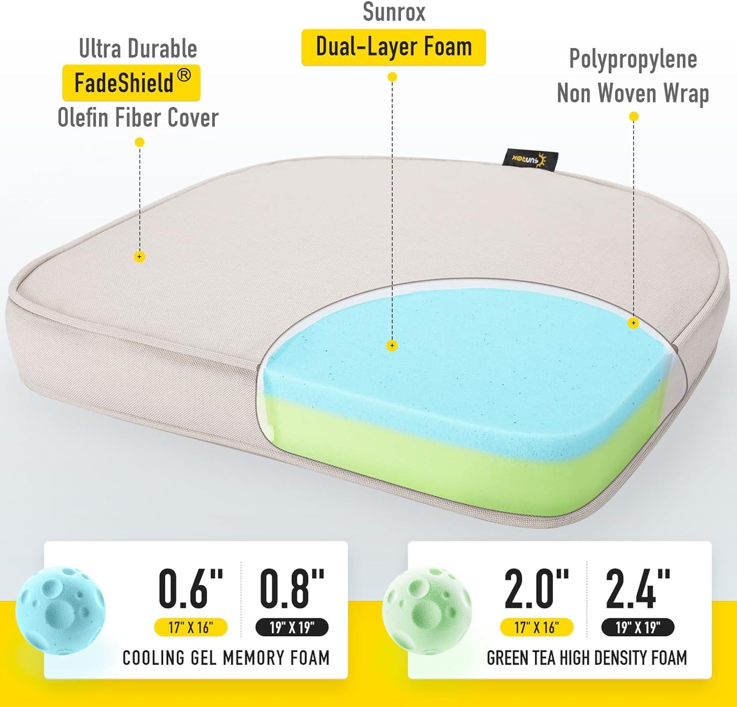 SUNROX Gel Memory Foam Chair Cushions, FadeShield Water-, Stain-Resistant Durable Reversible Seat Cushion Pads with Ties for Indoor/Outdoor Kitchen Dining Office 17"x16" Set of 6, Cream