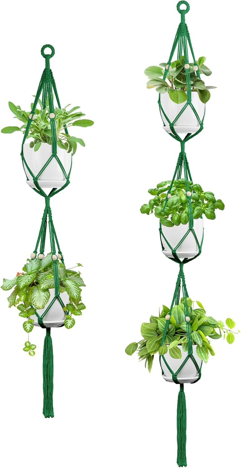 USLAI Macrame Plant Hanger Indoor Outdoor, Up to 4-15 inch Pot, Heavy 20lb Planters, Extra Long Strong Hanging Planter Basket Holder, Boho Home Decor, 49+72 Inch, Green (POTS NOT Included)