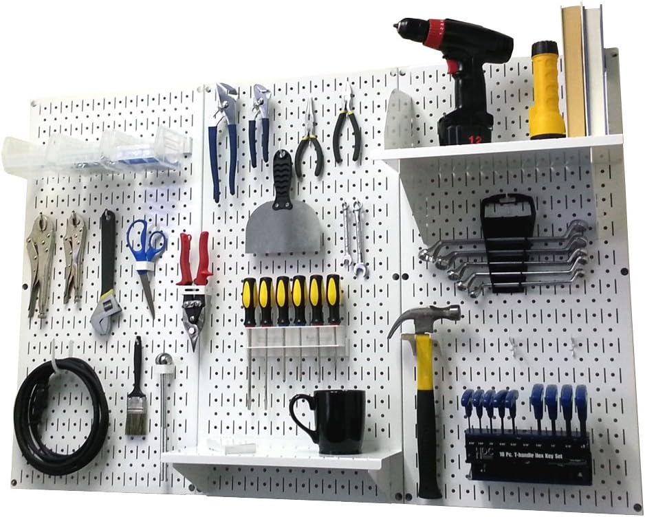 Wall Control 4 ft. Metal Pegboard Organizer - Standard Tool Storage Kit & Spray Can Holder Bracket for Pegboard & Slotted Tool Board - White