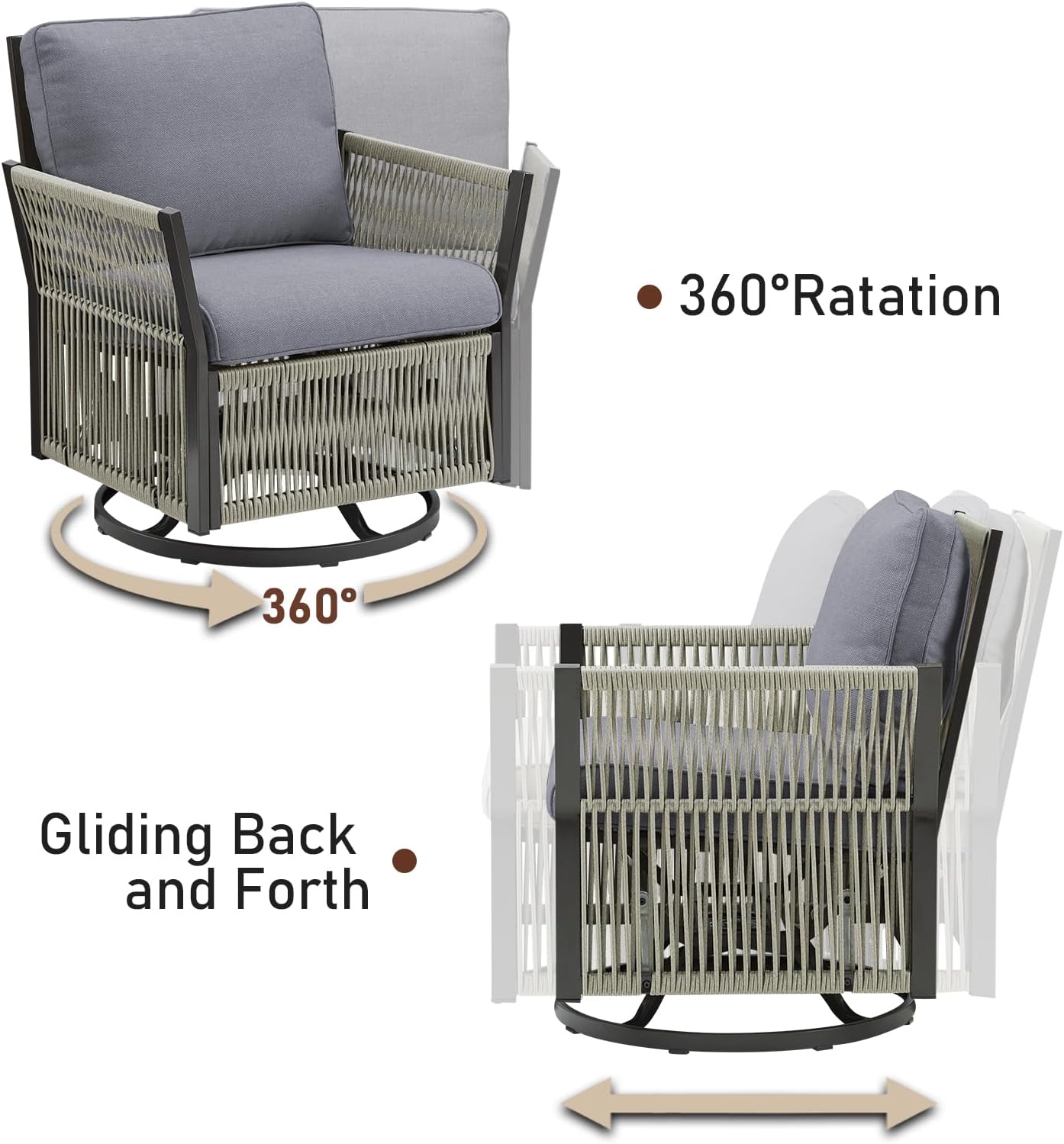 3 Pieces Wicker Bistro Set Chairs Patio Porch Furniture Sets, All-Weather PE Rattan Outdoor Conversation Set with Removable Cushion & Side Table for Porch, Deck, Poolside - Dark Grey