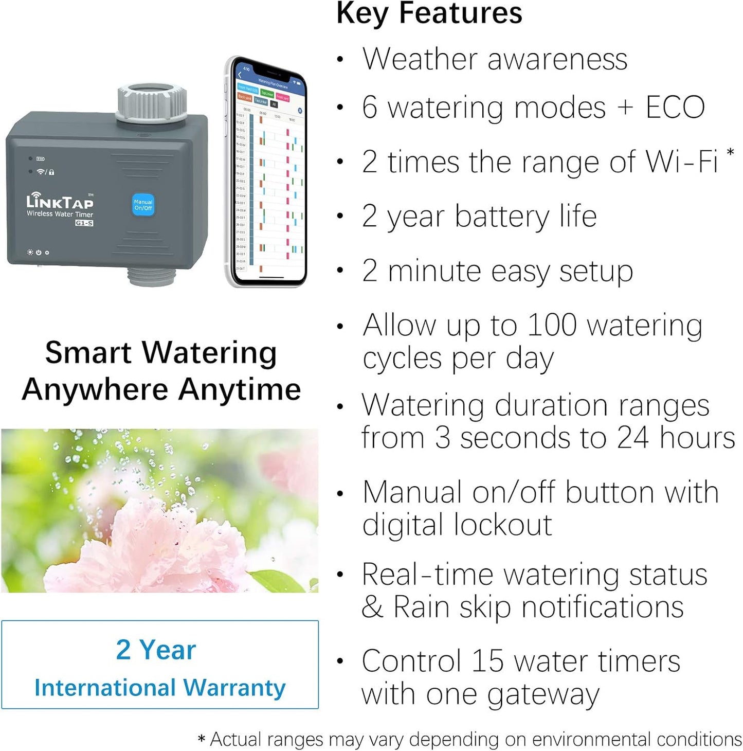 LinkTap G1S Wireless Water Timer & Gateway - Smart Sprinkler Timer with App, Remote Irrigation for Garden, Weather Aware, Greater Range than WiFi, Manual Control & Digital Lockout, 2 Year Battery Life