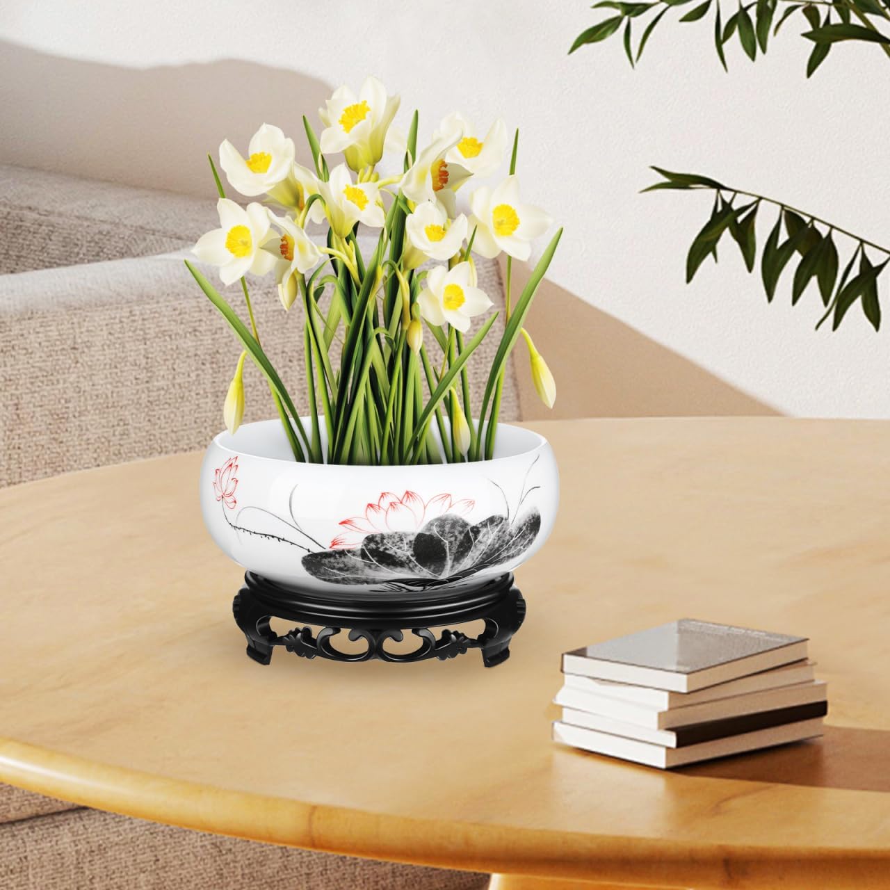 Ceramics Water Lily Bowl with Stand Chinese Style Hydroponic Planter Pot Round Narcissus Flowerpot Bonsai Daffodil Planting Container Garden Decoration 7 Inch