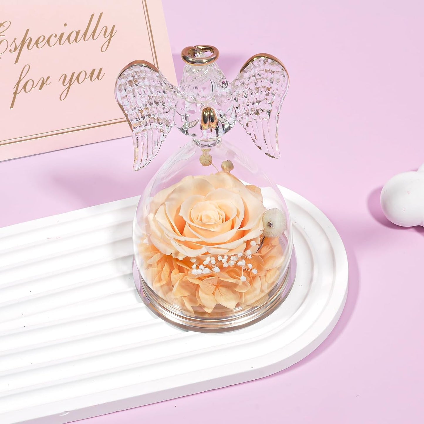 Yamonic Angel Figurine with Preserved Rose, Champagne, Gifts for Mom Grandma, Mothers Day, Christmas, Anniversary, Birthday