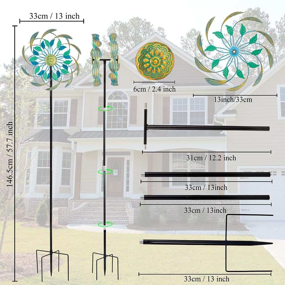 Metal Wind Spinners Outdoor,13'' Dia Green Double Wind Spinner & Sculpture,Waterproof Garden Windmill for Yard Art Decorations