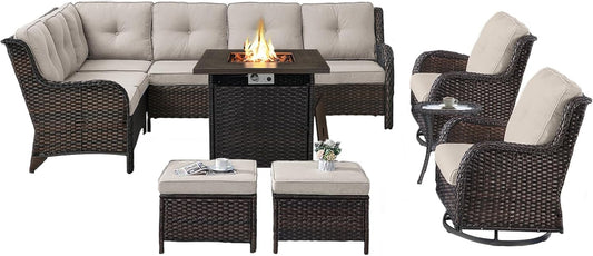 Outdoor Sectional Furniture Sofa Set with 50000BTU Propane Fire Pit Table, Wicker Patio Conversation Set with 2 Swivel Rocker Glider Chairs Beige Cushion Perfect for Backyard Casual Gathering