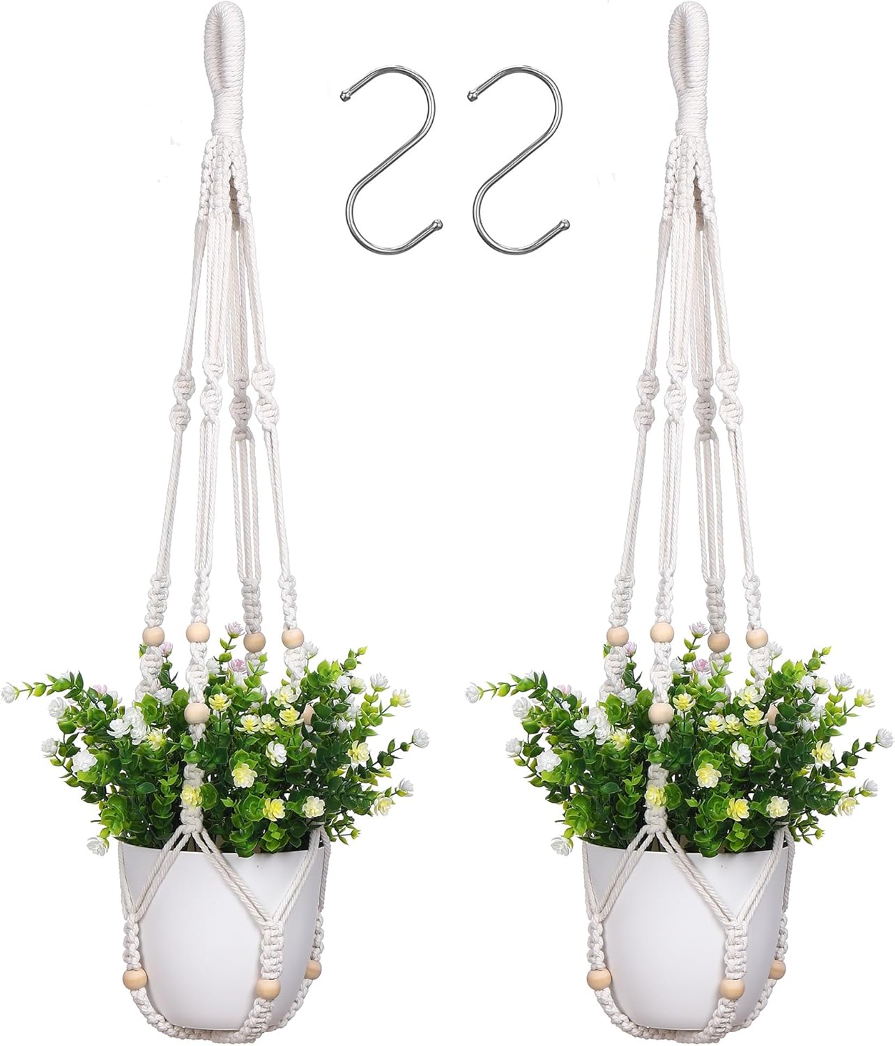 YIBOT 2 Pack Macrame Plant Hanger Indoor Hanging Planter Basket with Wood Beads Decorative Flower Pot Holder No Tassels for Indoor Outdoor Boho Home Decor-35 Inch