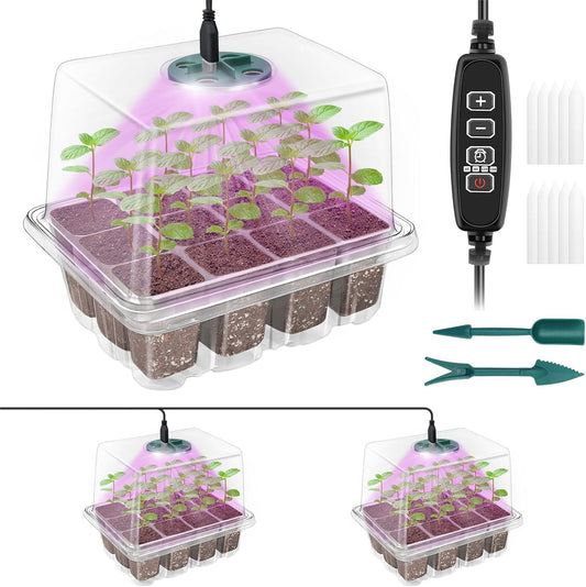 Seed Starter Tray with Plant Light, 2 Pack Grow Lights for Seed Starting Kit with Humidity Domes, Timing Controller Adjustable Brightness for Greenhouse Propagator Station Growing Transparent