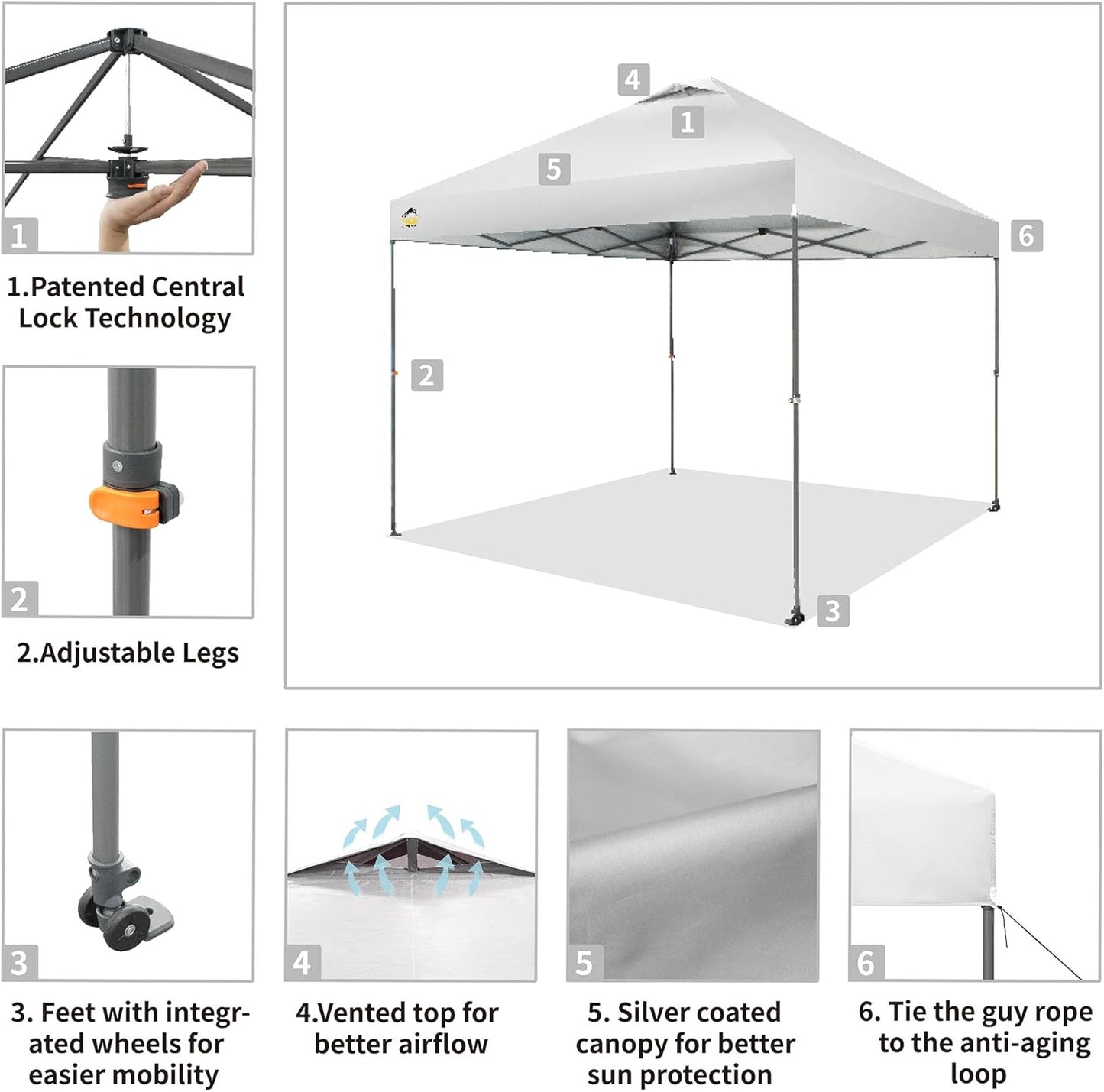 CROWN SHADES Adjustable Height on The Fly, 10x10 Pop Up Canopy - Beach Tent with One Push Setup - Easy Outdoor Sun Shade for Events, Parties, Camping - Outside Shade with STO-N-Go Bag, White