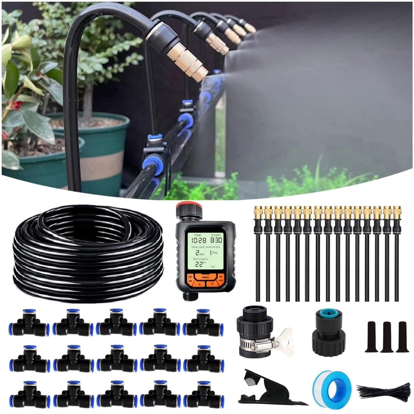 New Quick Connector Drip Irrigation Kits,Automatic Irrigation System with 360-degree Bending Dropper,Adjustable atomizing Copper Nozzle for Watering System for Garden Plants Lawn.(Automatic Timer)