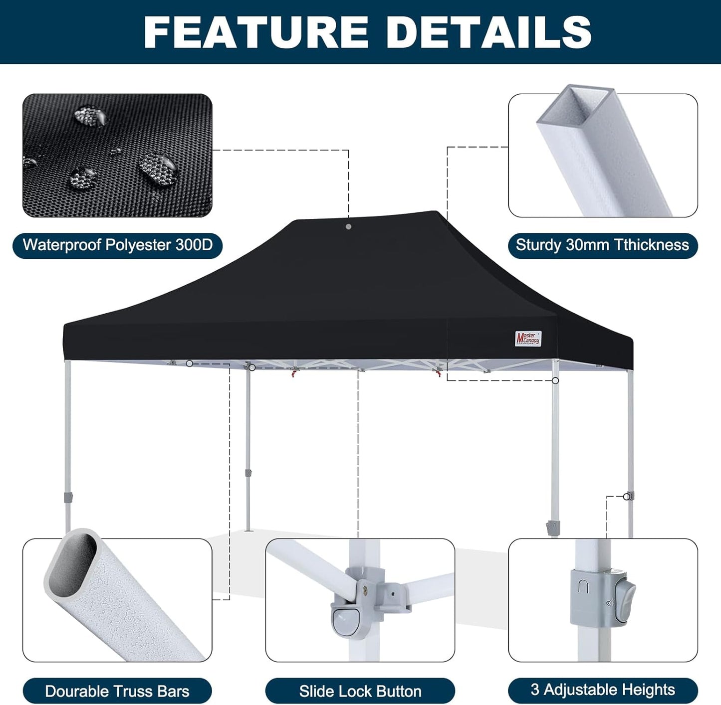 MASTERCANOPY Pop Up Canopy Tent Commercial Grade 10x15 Instant Shelter (Black)